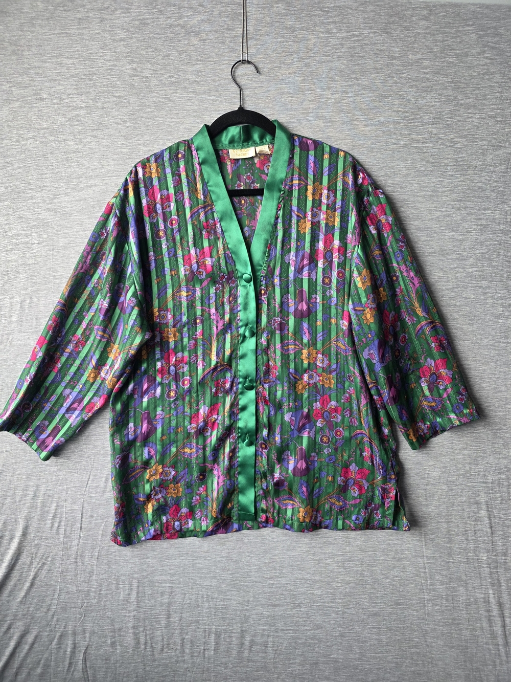 Vintage Victoria Secret Gold Label Floral Satin Bed Jacket Robe M Green 80s 90s